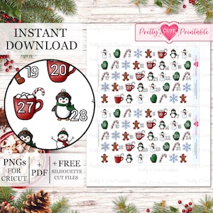 May include: Digital download of Christmas-themed stickers. The stickers feature festive illustrations of penguins, snowmen, mugs of hot cocoa, candy canes, and numbers for an advent calendar. The words "Instant Download" are visible.