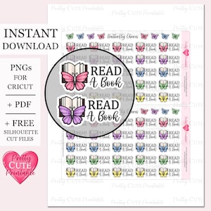 Può includere: Foglio di adesivi stampabili con la scritta "READ A BOOK" e illustrazioni di farfalle. Include PNG per Cricut e file PDF. Il design presenta un logo a forma di cuore rosa con le parole "Pretty Cute Printable".