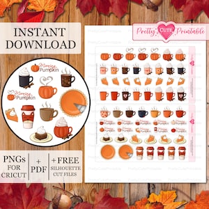 Planificateur imprimable autocollants sur le thème du café de l'automne/tarte à la citrouille/brownie/thé/tasse citrouille/renard confortable/Happy Planner/silhouette/fichiers Cricut Cut