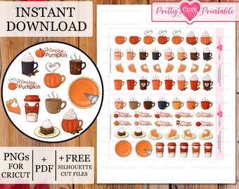 CAFÉ TEMÁTICO DE OTOÑO Pegatinas imprimibles del planificador/Pastel de calabaza/Brownie/Té/Taza de calabaza/Zorro acogedor/Planificador feliz/Silueta/Archivos de corte Cricut