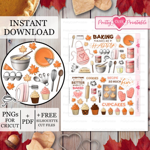 BAKING STICKERS Printable Planner Stickers/Fall Cookies Cupcakes Cooking Stickers/Happy Planner/Digital Stickers/Silhouette/Cricut Cut files