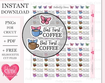But First Coffee Printable Planner Stickers Butterfly Coffee Cup Functional Icon Stickers Digital Script Stickers Silhouette & Cricut Files