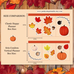 Puede incluir: Un cuadro comparativo de pegatinas para planificador con tem&aacute;tica oto&ntilde;al. Las pegatinas incluyen calabazas, hojas, bellotas y tazas de caf&eacute;. Las pegatinas Classic Happy Planner miden 6,35 cm, y las pegatinas Erin Condren Vertical Planner miden 4,83 cm. El sitio web es www.prettycuteprintable.etsy.com.