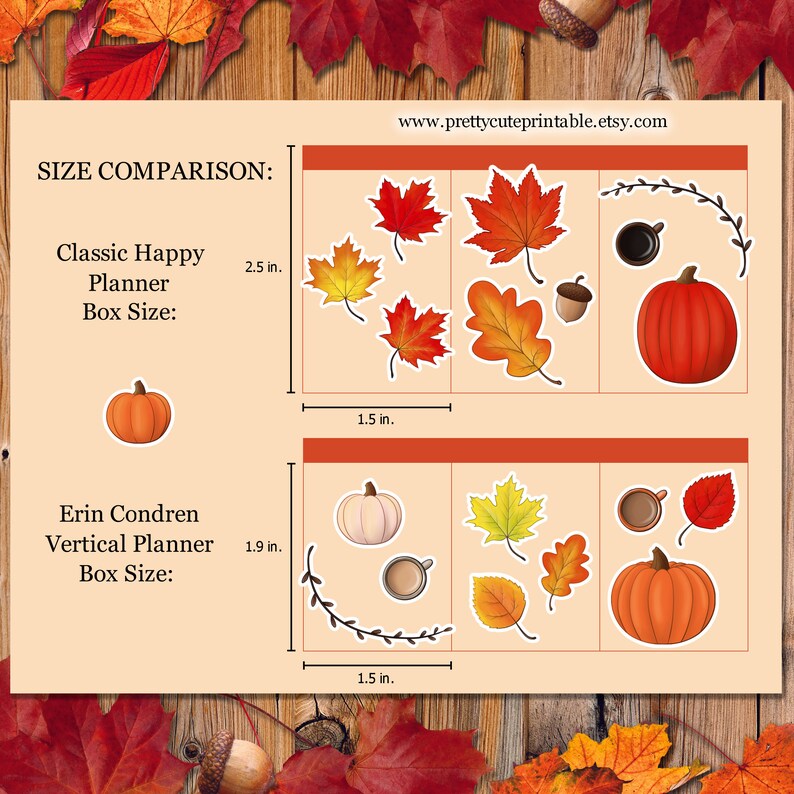 Puede incluir: Un cuadro comparativo de pegatinas para planificador con tem&aacute;tica oto&ntilde;al. Las pegatinas incluyen calabazas, hojas, bellotas y tazas de caf&eacute;. Las pegatinas Classic Happy Planner miden 6,35 cm, y las pegatinas Erin Condren Vertical Planner miden 4,83 cm. El sitio web es www.prettycuteprintable.etsy.com.
