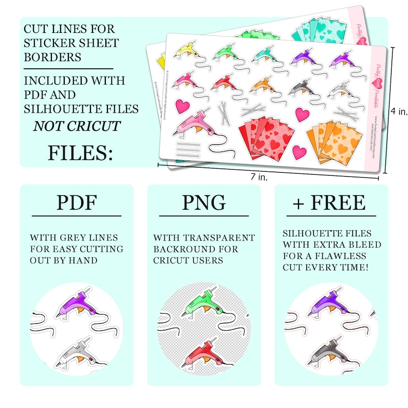 Pode incluir: Um download digital de designs de folhas de adesivos imprim&iacute;veis com uma pistola de cola quente com um arco-&iacute;ris de cores. A folha de adesivos mede 17,8 cm de largura e 10,2 cm de altura. O download inclui arquivos PDF e Silhouette com linhas de corte para facilitar o corte manual. O download tamb&eacute;m inclui um arquivo PNG gratuito com um fundo transparente para os usu&aacute;rios do Cricut.