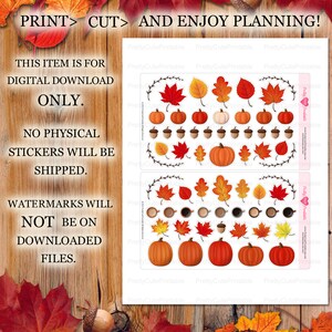 Puede incluir: Descarga digital de pegatinas para planificador con tem&aacute;tica oto&ntilde;al, con calabazas, bellotas y hojas coloridas. Las pegatinas est&aacute;n dise&ntilde;adas para imprimir y cortar, con el texto "PRINT > CUT > AND ENJOY PLANNING!" y "THIS ITEM IS FOR DIGITAL DOWNLOAD ONLY."