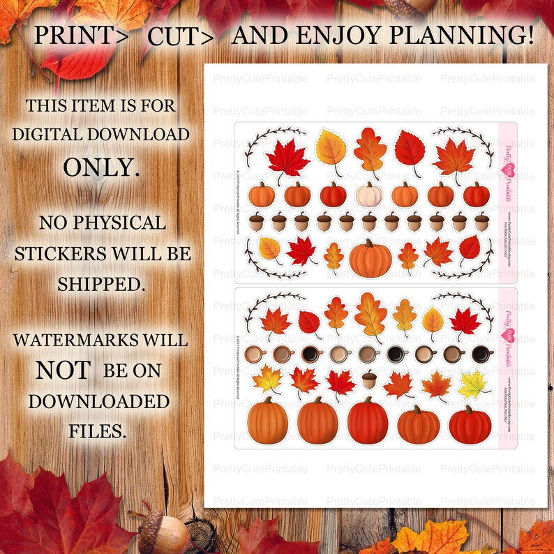 Puede incluir: Descarga digital de pegatinas para planificador con tem&aacute;tica oto&ntilde;al, con calabazas, bellotas y hojas coloridas. Las pegatinas est&aacute;n dise&ntilde;adas para imprimir y cortar, con el texto "PRINT > CUT > AND ENJOY PLANNING!" y "THIS ITEM IS FOR DIGITAL DOWNLOAD ONLY."