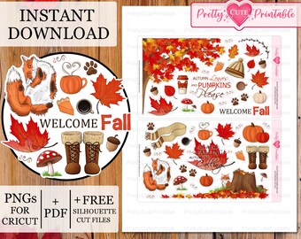 Pegatinas imprimibles para planificador de otoño acogedor, pegatinas de otoño con temática de otoño, decoración de temporada, silueta de planificador feliz, archivo de corte Cricut Png