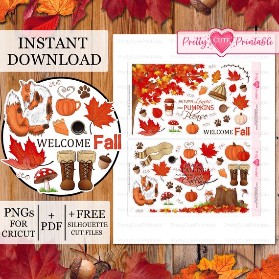 Cozy Fall Printable Planner Sticker Autumn Aesthetic Fall themed Bujo Stickers Seasonal Deco Happy Planner Silhouette Cricut Png Cut File