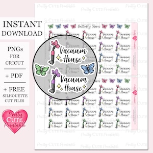 Aspirateur imprimable Planner Stickers Passer l'aspirateur icône Fonctionnel autocollant corvée de papillon Autocollants de nettoyage numérique Silhouette Fichiers Cricut