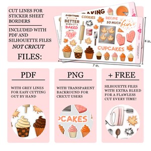 May include: A sheet of printable fall-themed stickers with a variety of designs, including cupcakes, leaves, a rolling pin, a mixer, and the text "Everything Tastes Better When It's Baked With Love". The sheet measures 7 inches by 4 inches.