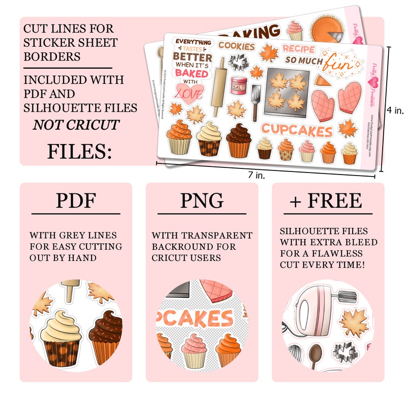 May include: A sheet of printable fall-themed stickers with a variety of designs, including cupcakes, leaves, a rolling pin, a mixer, and the text "Everything Tastes Better When It's Baked With Love". The sheet measures 7 inches by 4 inches.