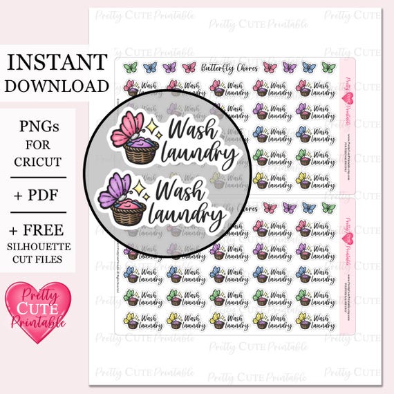 Wash Laundry Printable Planner Stickers Spring Cleaning Aesthetic Butterfly Chore Icon Functional Sticker For Happy Planner And Erin Condren