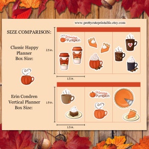 Puede incluir: Un cuadro comparativo de tama&ntilde;os de pegatinas para planificadores. Incluye pegatinas de tazas de caf&eacute;, lattes de calabaza con especias y tarta de calabaza. El texto "Morning Pumpkin" es visible. La direcci&oacute;n del sitio web www.prettycuteprintable.etsy.com tambi&eacute;n es visible.