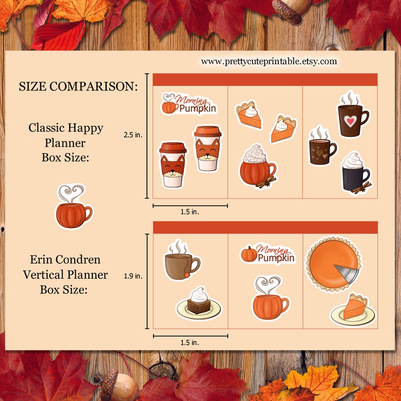 Puede incluir: Un cuadro comparativo de tama&ntilde;os de pegatinas para planificadores. Incluye pegatinas de tazas de caf&eacute;, lattes de calabaza con especias y tarta de calabaza. El texto "Morning Pumpkin" es visible. La direcci&oacute;n del sitio web www.prettycuteprintable.etsy.com tambi&eacute;n es visible.