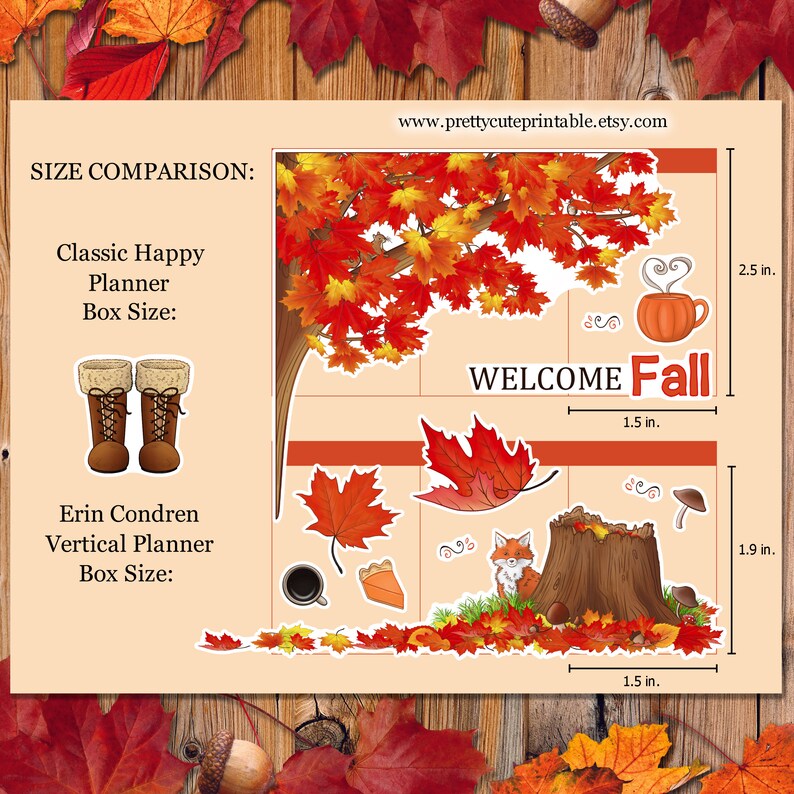 Puede incluir: Una hoja de pegatinas para planificador beige con tem&aacute;tica oto&ntilde;al. Presenta un &aacute;rbol con hojas rojas y naranjas, un zorro y el texto "WELCOME Fall". Incluye pegatinas de taza de caf&eacute;, calabaza y hojas. La hoja mide 6,35 cm de alto y 3,81 cm de ancho.