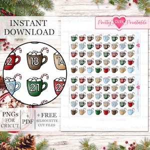 May include: A sheet of printable stickers featuring mugs of hot chocolate with marshmallows and candy canes, numbered 1-31. The stickers are in various colors, including brown, green, red, and blue. The words "INSTANT DOWNLOAD" are at the top.