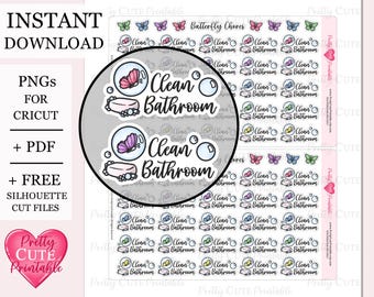 Clean Bathroom Printable Planner Stickers Butterfly Chore Functional Icon Stickers Digital Toilet Cleaning Script Stickers Silhouette Cricut