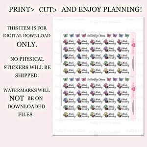 May include: Digital download sticker sheet with butterfly and laundry-themed graphics. The sheet includes text that says "Wash Laundry" and "Butterfly Chores". The stickers are in various colors, including pink, blue, and green.