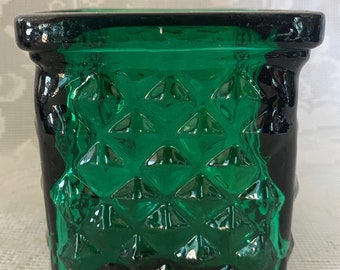 Collectible Vintage Large Heavy Dark EMERALD GREEN Cube Shaped Glass Votive / Tealight - Embossed Diamond Pattern - Estate Item