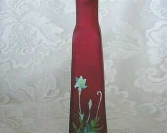 Unusual Collectible Vintage Tall Hand Painted RUBY RED SATIN Glass Perfume Bottle - Estate Item