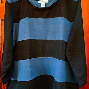 Vintage LIZ CLAIBORNE Blue and Black Rayon Blend Knit & Woven Fabric Shirt - L / Large - NEW - Estate Item