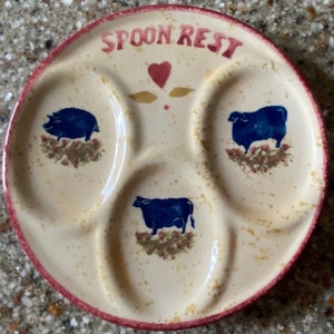 Unusual Collectible Vintage Hand Painted Red & Blue COW/SHEEP/PIG Ceramic Spoon Rest for Three Spoons - Estate Item