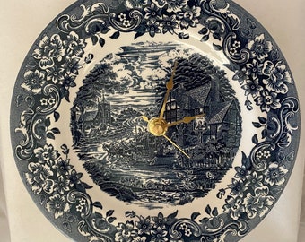 Collectible STAFFORDSHIRE Blue & White 17th Century Medieval Cottage Scenic Plate Wall Clock