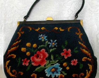 Vintage Hand Needlepoint Wool Navy Blue Purse / Handbag - Leather Handle - Nearly New Condition - Estate Item