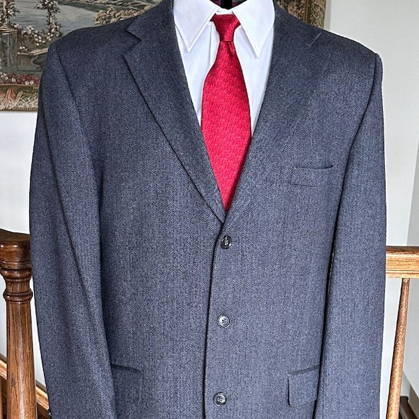 Vintage Quality STAFFORD NAVY Blue Herringbone 100% Wool Sport Coat / Jacket / BLAZER - Men's 44L - Excellent (6)