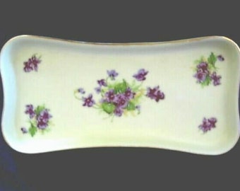 Collectible Antique Hand Painted Purple Violets Porcelain Bisque Dresser / Vanity Tray - Estate Item