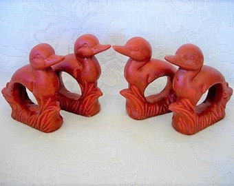 Collectible Vintage Set of 4 Terra Cotta Pottery Duck Napkin Rings - Estate Item