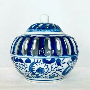 Collectible Vintage Cobalt Blue Asian Ceramic Tealight/ Votive/ Vase/ Ginger Jar w/Lid - Estate item.