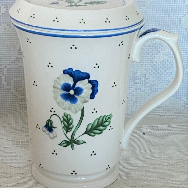 Unusual Collectible Vintage HANKOOK SAINT JAMES Cobalt Blue Pansies Fine China Footed Mug w/Lid - Estate Item