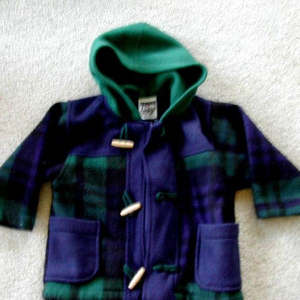 Vintage Warm BRAG BOUTS Navy Blue & Green Plaid Hooded Fleece Jacket in Infant/Toddler - 18 Month