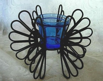 Unusual Collectible Vintage COBALT BLUE Glass Tealight / VOTIVE in a "Butterfly" Shaped Black Wrought Iron Stand - Estate Item