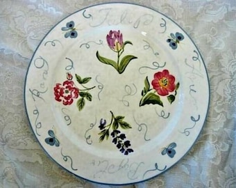 Sammlerstück Vintage 13 "C.I.C. Handbemalte Burgund / Blau SCHMETTERLINGE / TULPEN Torte Platte / Rund / Platter - Kunstwerk von Pamela Gladding