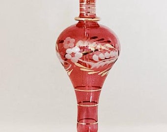 Collectible Vintage Tall 7 1/2" Ornate Ruby Red/Cranberry Hand Blown Cut Glass Perfume Bottle - Gold Trim