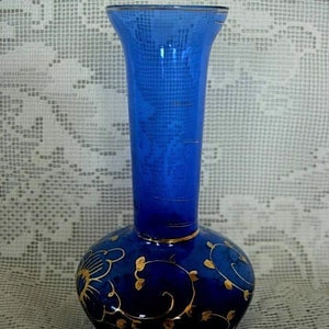 Collectible Vintage Cobalt Blue Glass Miniature Vase - Hand Painted Gold Daisies - HAND PAINTED GOLD Daisies - Estate Item