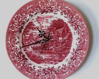 Collectible STAFFORDSHIRE Cobalt Blue 17th Century Medieval Cottage Scenic Plate Wall Clock