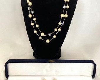 Vintage NEW In VELVET BOX Quality Cultured Pearl Earrings & Necklace - Crystals / Gold Tone Chain - Lead Free / Nickel Free - Estate Item