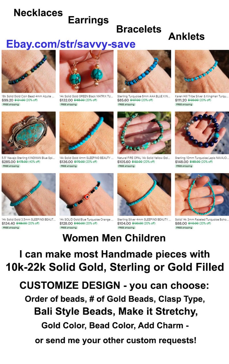 Stretch Clasp 14k Solid Gold Arizona TURQUOISE 4mm Natural Blue Facet Bracelet usa men skinny stack Anklet All Sizes More Styles!see shop