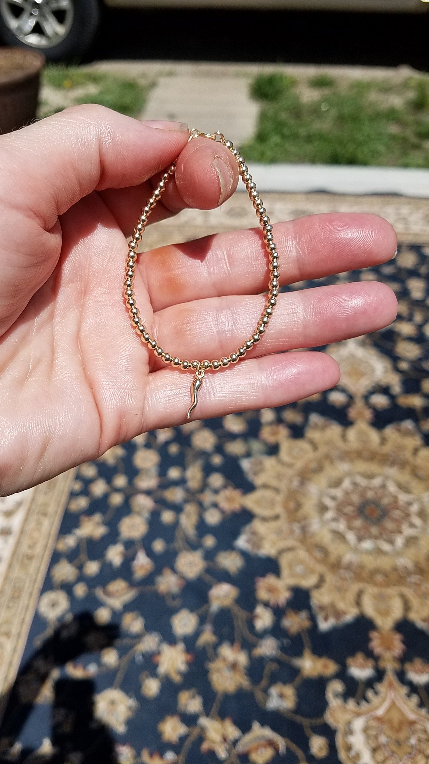 14k Solid Gold ITALIAN HORN Charm Bead Bracelet skinny Etsy