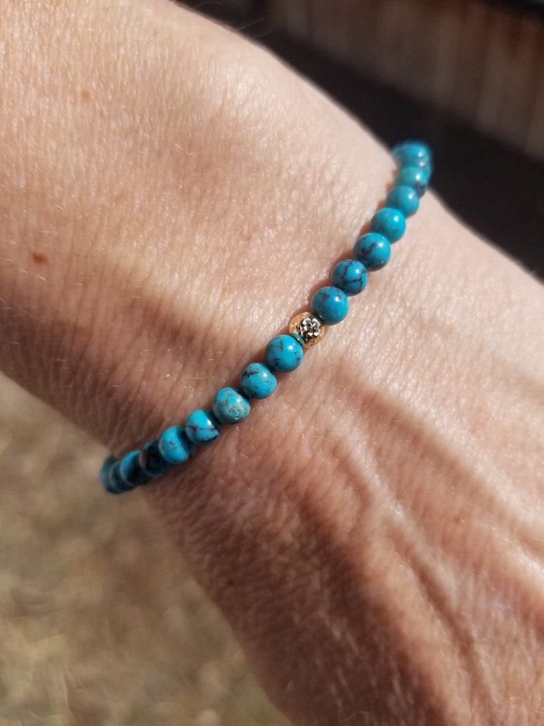 Stretch Clasp 14k Solid Gold Arizona TURQUOISE 4mm Natural Blue Facet Bracelet usa men skinny stack Anklet All Sizes More Styles!see shop
