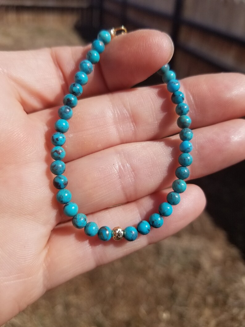 Stretch Clasp 14k Solid Gold Arizona TURQUOISE 4mm Natural Blue Facet Bracelet usa men skinny stack Anklet All Sizes More Styles!see shop