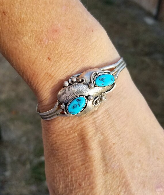 Old Pawn Navajo Sterling Silver Turquoise Small Cuff Stacking Bracelet