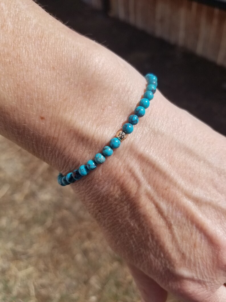 Stretch Clasp 14k Solid Gold Arizona TURQUOISE 4mm Natural Blue Facet Bracelet usa men skinny stack Anklet All Sizes More Styles!see shop