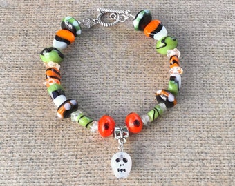 Multicolor Halloween Skull and Candy Bracelet with Charm and Lampwork Glass Beads
