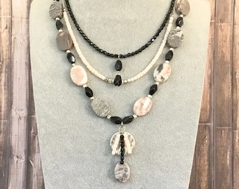 Zebra Stone Pink, Black, and Gray 3 Strand Necklaces