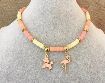 2 STÜCK SET Pudel und Flamingo Candy Halskette Choker und Ohrringe Set